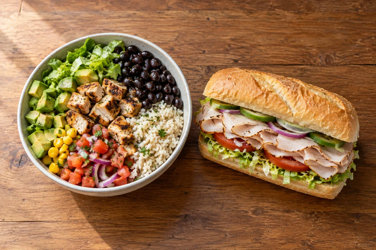 Illustrative chicken and bean bowl beside a turkey sandwich on a wooden table