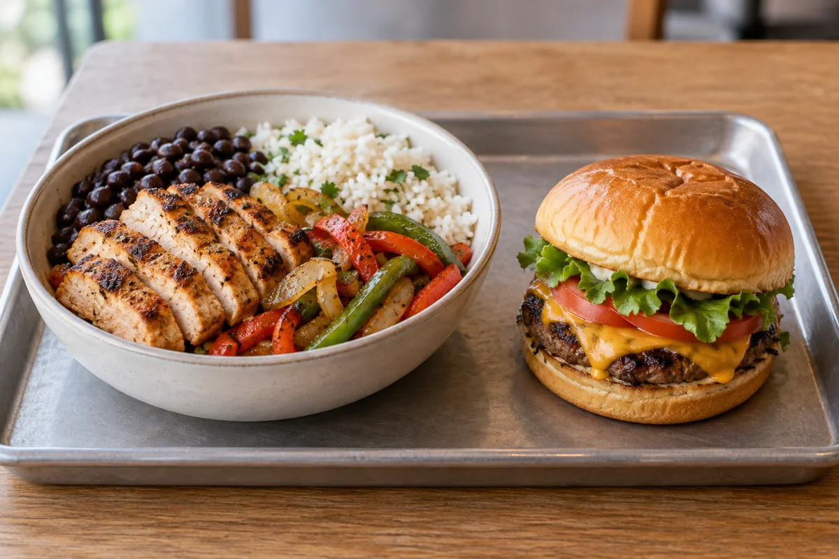 Illustrative chicken rice and bean bowl beside a single cheeseburger