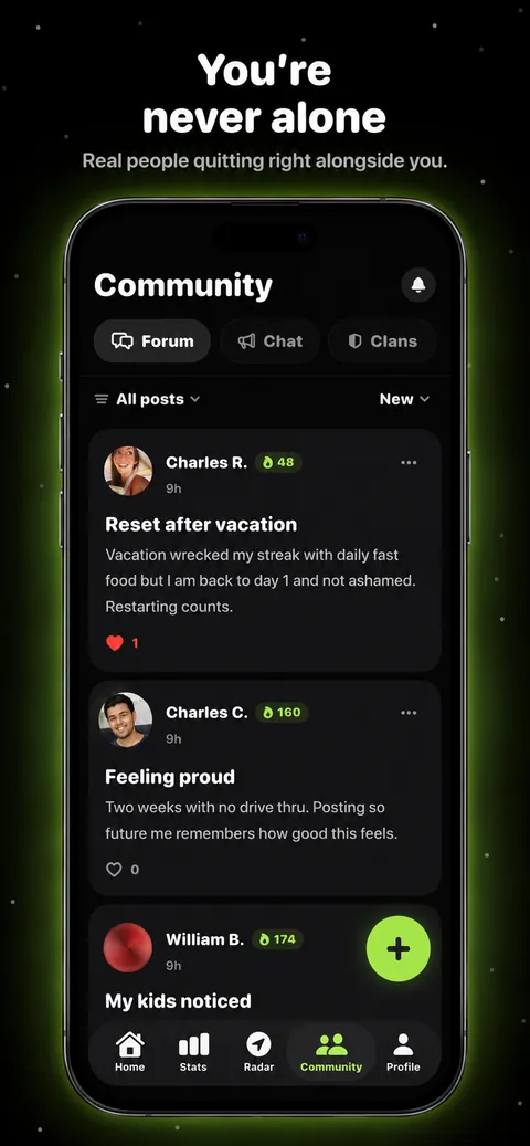 NOPE community screen showing posts and support from other members.