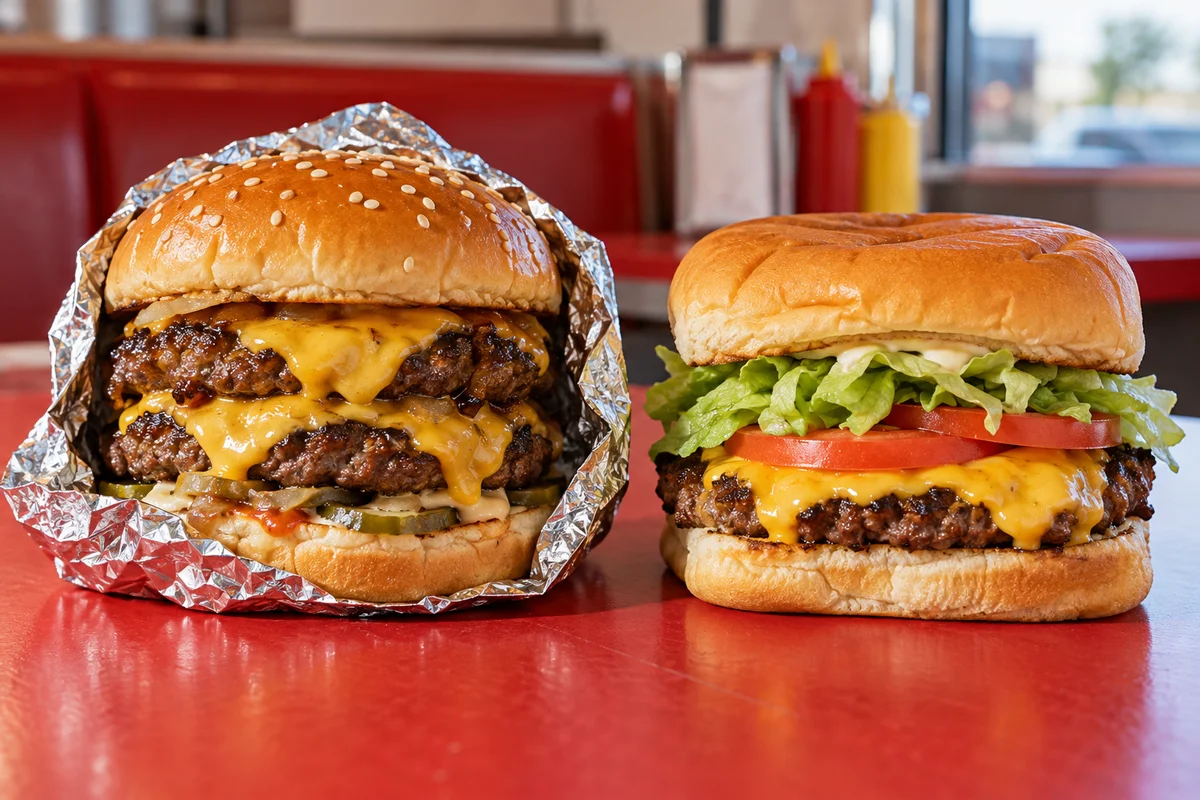 Illustrative foil-wrapped double cheeseburger beside a single cheeseburger on a diner table