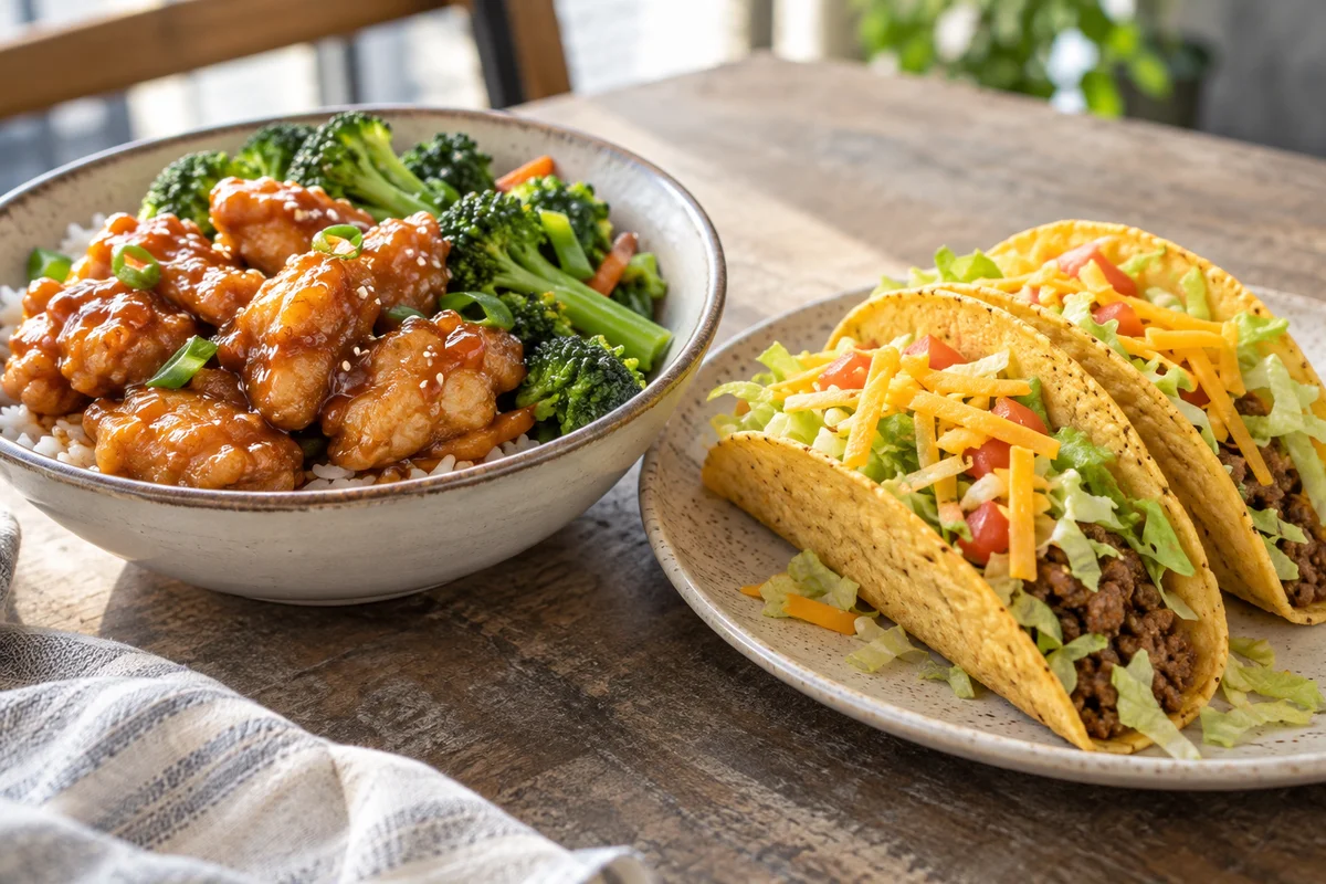Illustrative orange chicken and vegetables beside three crunchy tacos