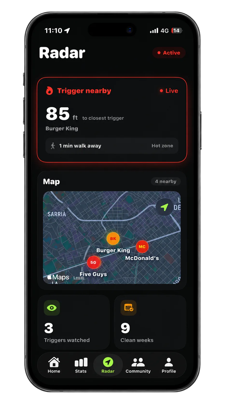 NOPE Radar screen warning that a Burger King is 85 feet away.