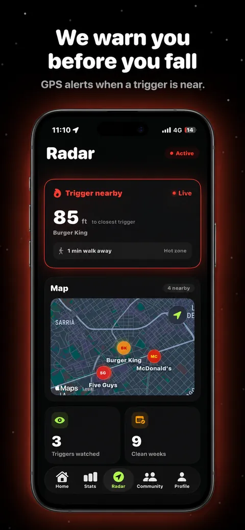 NOPE Radar screen warning that a fast food spot is nearby, with a map of places to avoid.