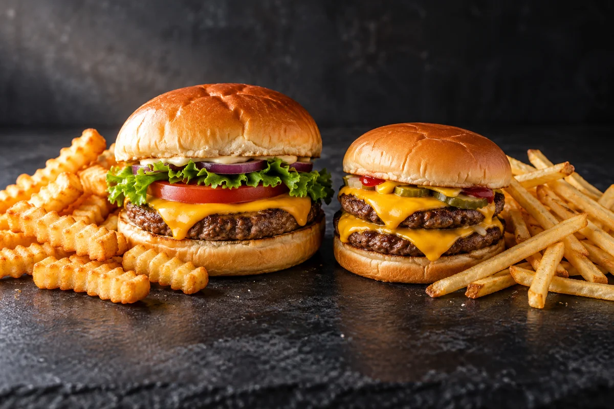 Illustrative single cheeseburger with crinkle-cut fries beside a double burger with thin fries