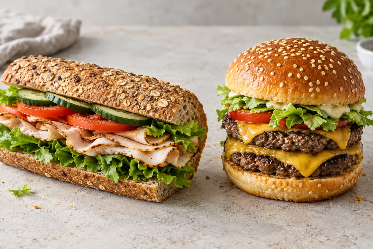 Illustrative turkey sandwich beside a stacked beef burger