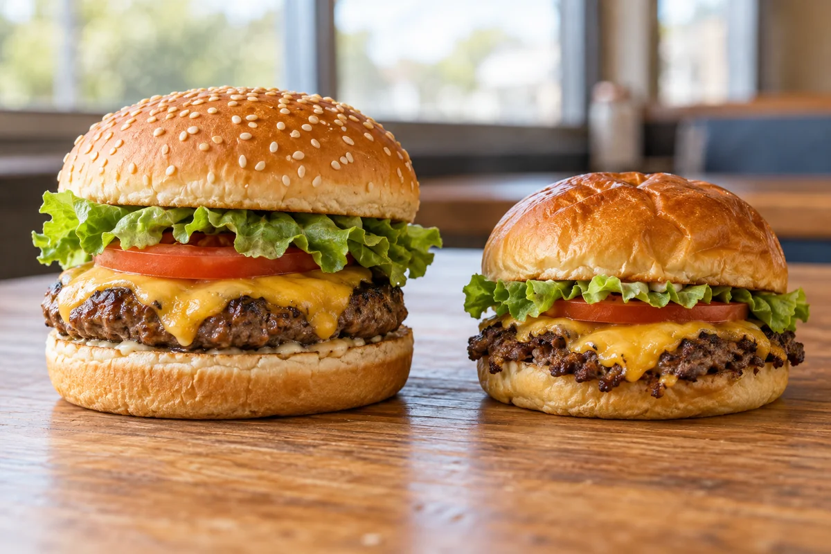 Illustrative single cheeseburgers on a wooden diner table